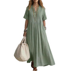 Women's V-Neck Pleated Cotton Linen Dress
