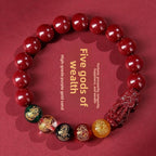 Five-Way Fortune God Cinnabar Bracelet with Beads